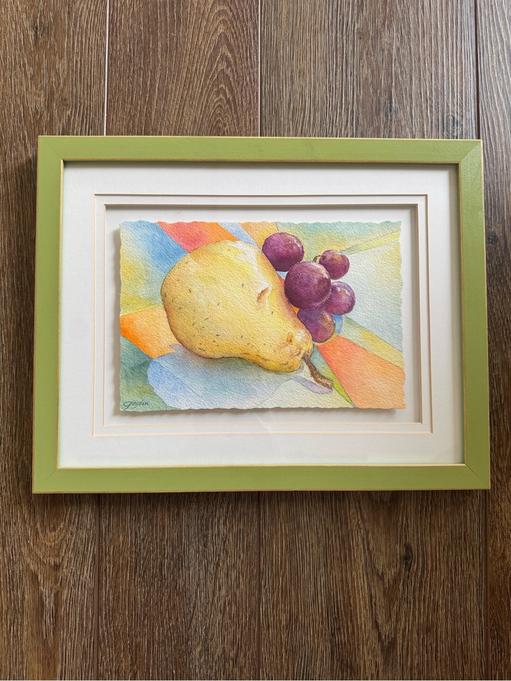 Framed Pear and Grapes Watercolor signed Gayden